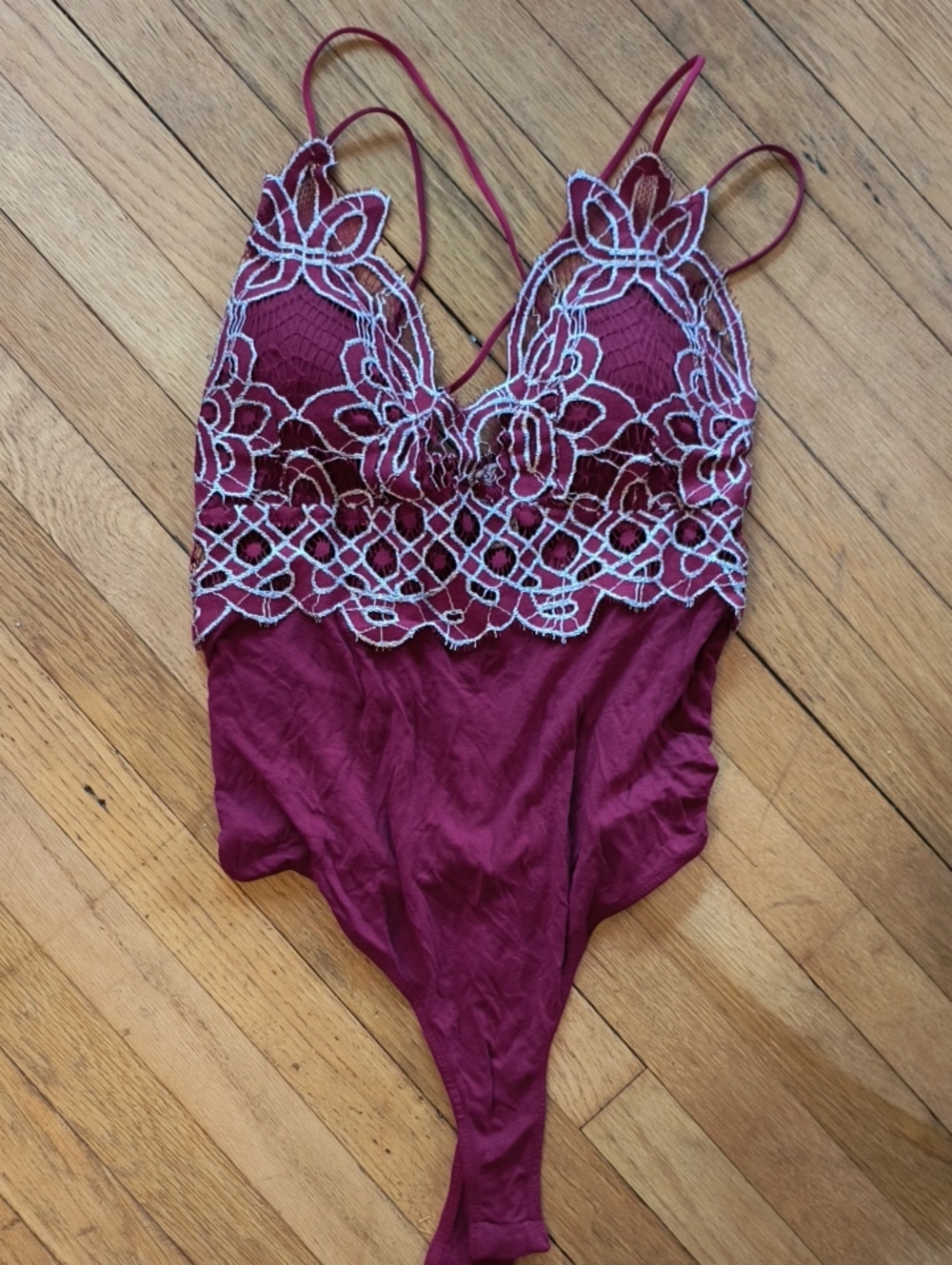Rue21 Burgundy Lace & White Embroidered Bodysuit